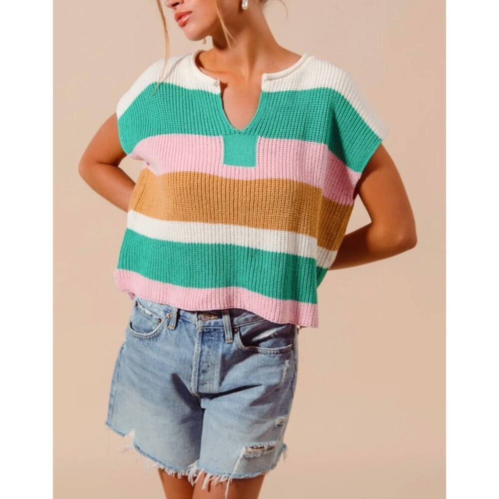 NEW SO ME stripe loose fit sleeveless sweater top in jade/blush/mango